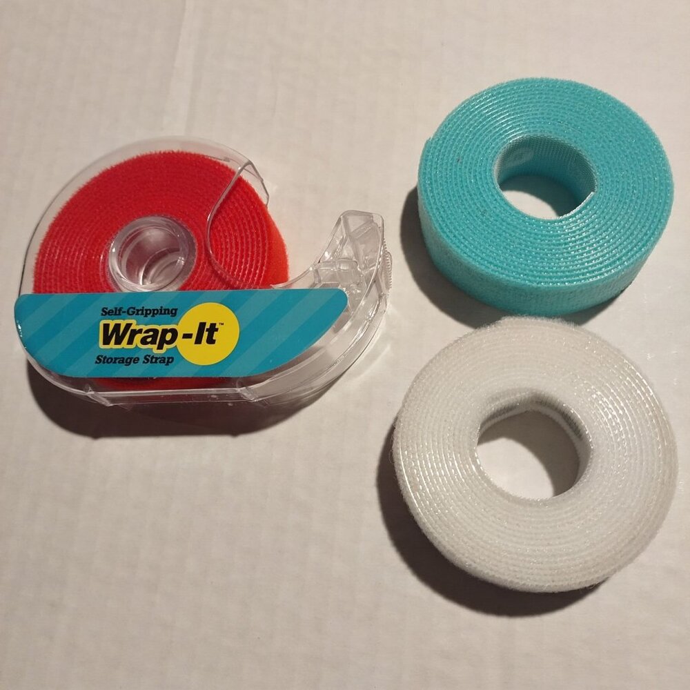 Self-Gripping Wrap-It Storage Strap Set w/Dispenser - Red, Blue & White Rolls